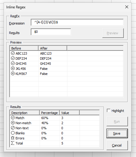 Screenshot of Results in Inline Regex Tool