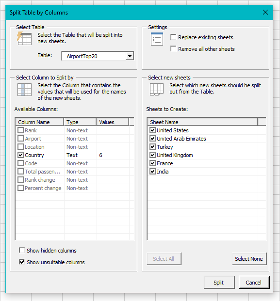 Screenshot of Split by Column Tool