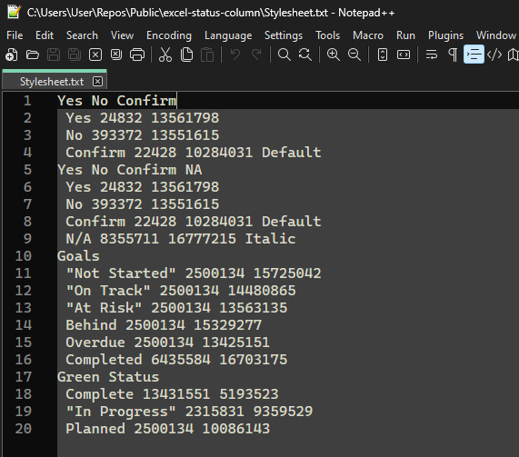 Screenshot of user settings file for Status Column Tool