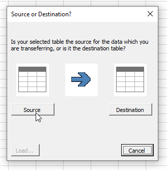 Screenshot showing Source and Destination picker